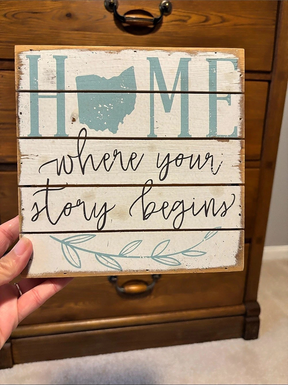 Sincere Surroundings State Story Begins Ohio Wood Wall Sign in White & Light Tea